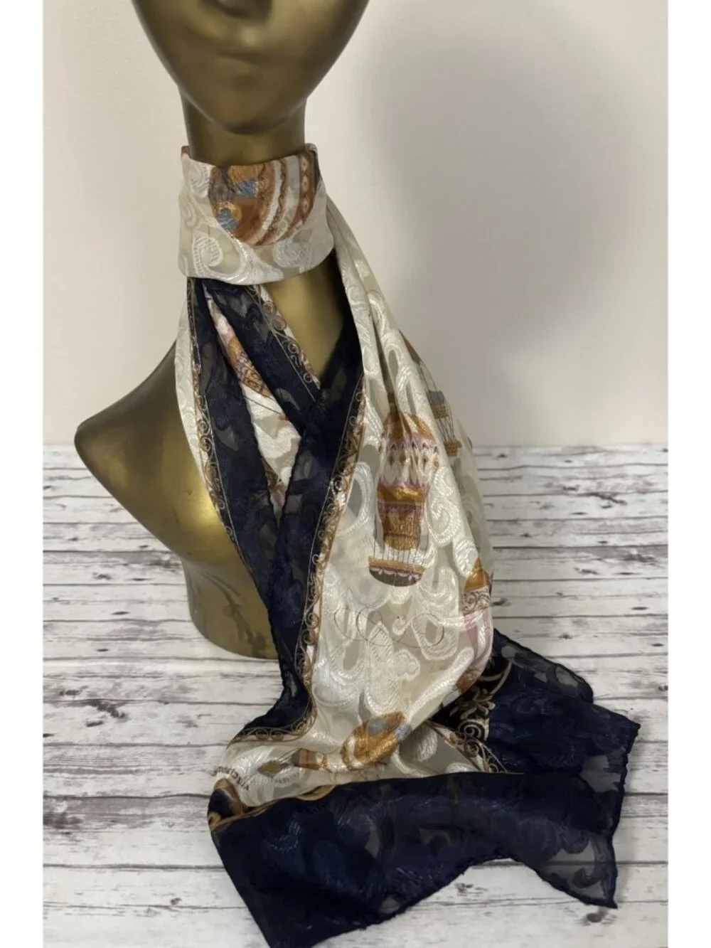 Liz Claiborne Scarf Gold Blue Hot Air Balloon Design Long Skinny Rectangle Neck